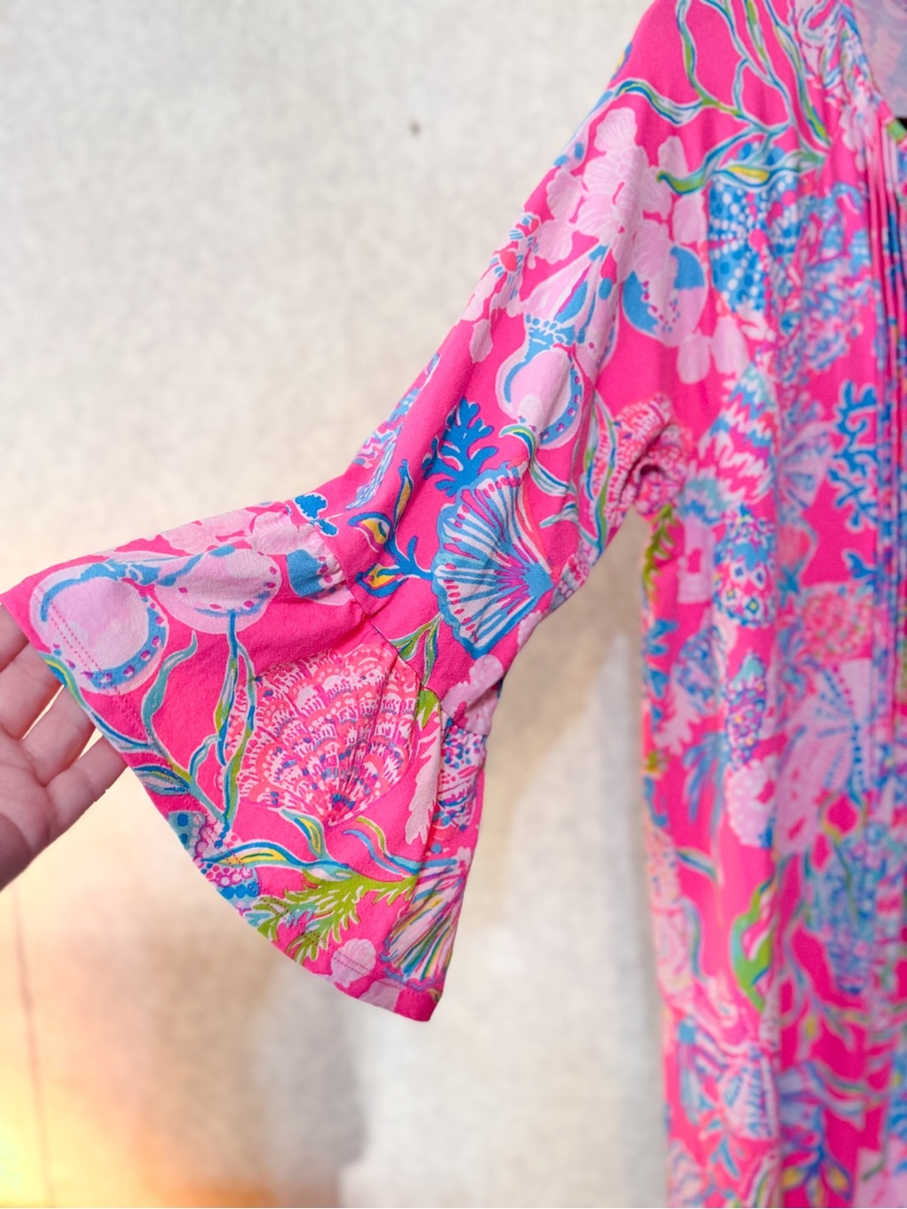 Lilly Pulitzer Pink Seashell Print Bell Sleeve Shift Dress Resort Coastal Chic L - Picture 4 of 9